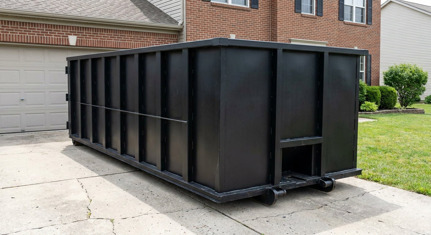 Matte-black 20-yard roll-off container on a Layton residential concrete driveway with reinforced ribbed steel sidewalls and a hinged rear walk-in door, clean bright daylight.