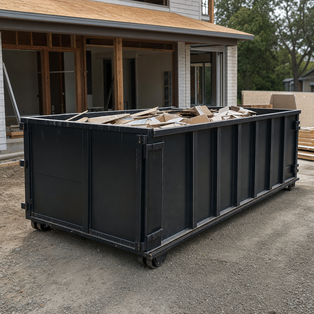 Large matte-black 30-yard construction roll-off dumpster at an active Layton jobsite, steel-gray top rails and bottom rollers visible, loaded with construction debris.