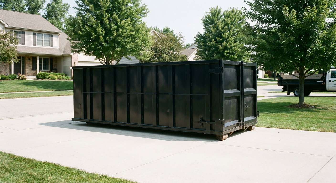 Matte-black 20-yard roll-off dumpster sitting level on a clean Layton residential concrete driveway under bright daylight, demonstrating clean placement directly on the concrete.
