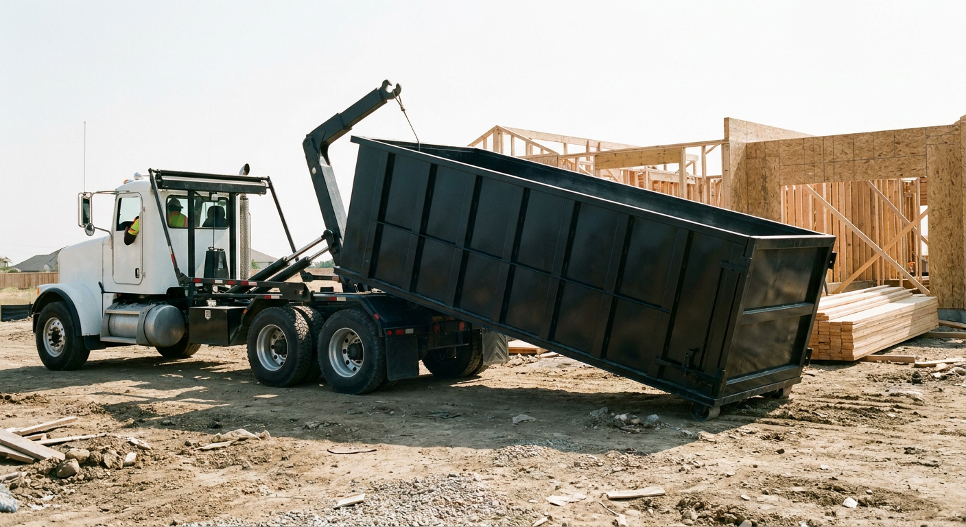 Matte-black roll-off dumpster being delivered onto a clean residential concrete driveway in Layton by an unmarked white hooklift hauler truck, bright morning daylight, documentary 35mm perspective.